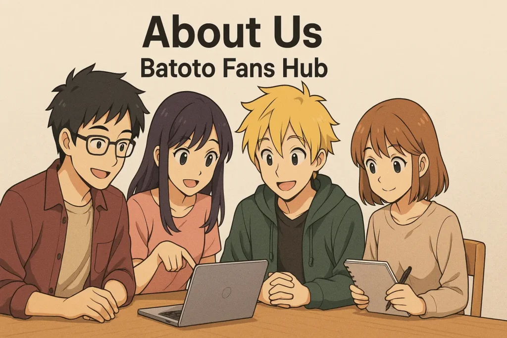 A vibrant 2D anime-style illustration showing a team of Batoto manga fans gathered around a laptop, discussing and planning manga-related content in a friendly, creative environment.