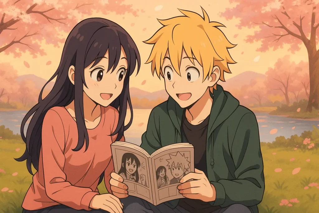 A 2D anime-style illustration of Batoto-inspired manga characters sitting on grass under cherry blossoms, happily reading their favorite manga near a calm lake with petals gently falling around.