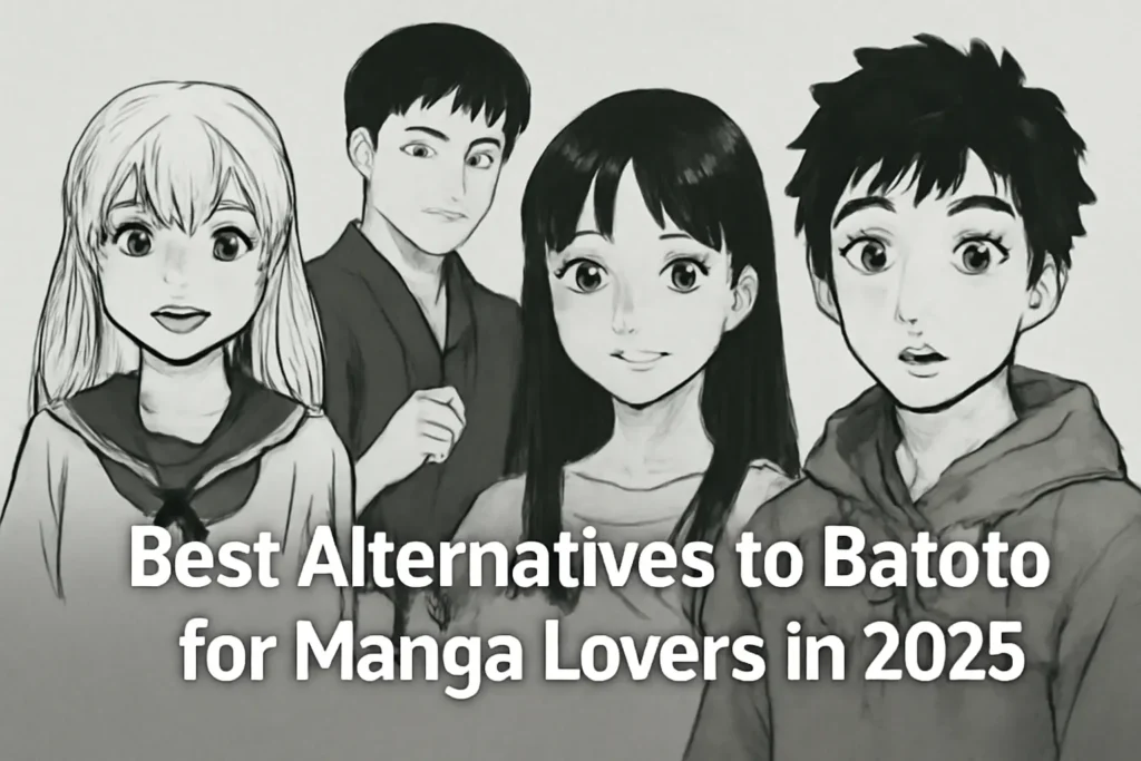 Black and white manga illustration of four characters with the text 'Best Alternatives to Batoto for Manga Lovers in 2025'.