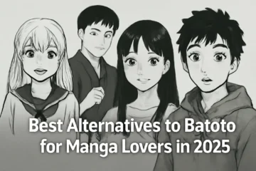 Black and white manga illustration of four characters with the text 'Best Alternatives to Batoto for Manga Lovers in 2025'.