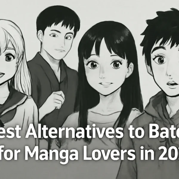 Black and white manga illustration of four characters with the text 'Best Alternatives to Batoto for Manga Lovers in 2025'.
