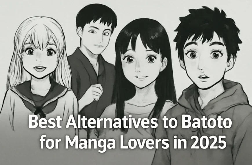 Black and white manga illustration of four characters with the text 'Best Alternatives to Batoto for Manga Lovers in 2025'.
