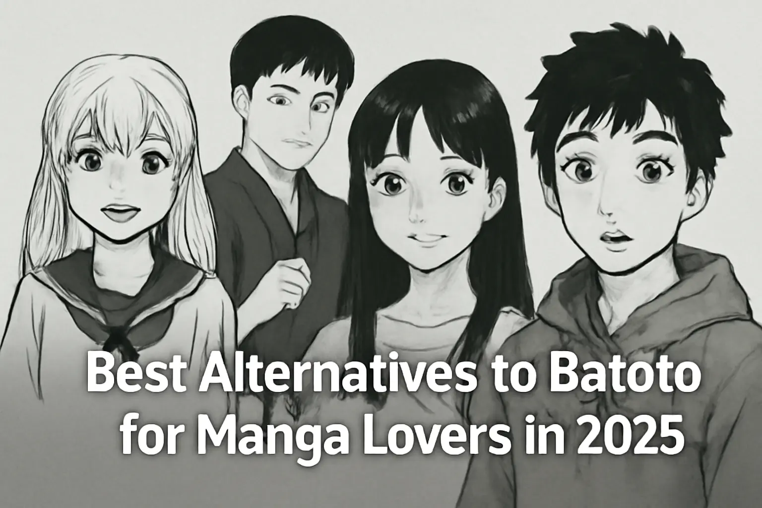 Black and white manga illustration of four characters with the text 'Best Alternatives to Batoto for Manga Lovers in 2025'.