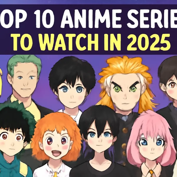 Collage of ten anime characters from various series with the bold text 'TOP 10 ANIME SERIES TO WATCH IN 2025' set against a vibrant purple-to-blue starry background.