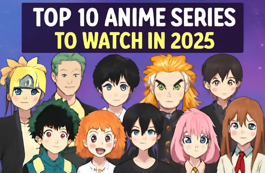 Collage of ten anime characters from various series with the bold text 'TOP 10 ANIME SERIES TO WATCH IN 2025' set against a vibrant purple-to-blue starry background.
