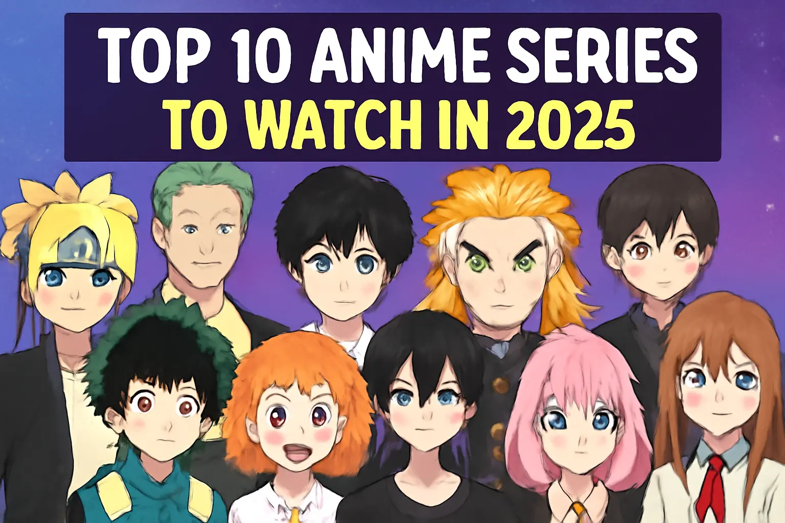 Collage of ten anime characters from various series with the bold text 'TOP 10 ANIME SERIES TO WATCH IN 2025' set against a vibrant purple-to-blue starry background.