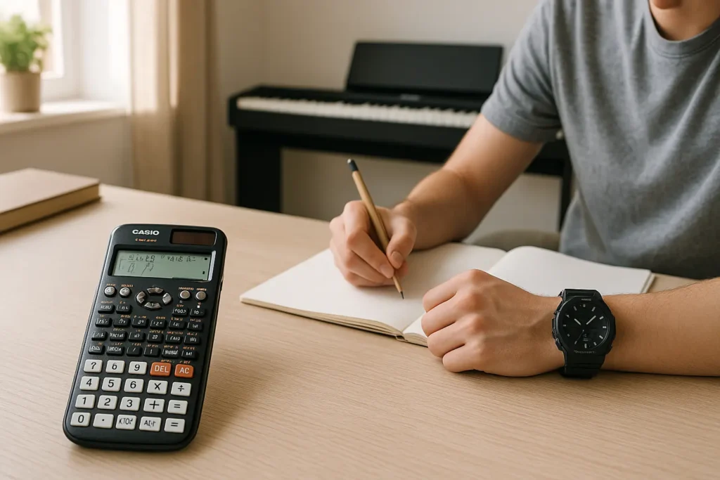 Casîo G-Shock watch, scientific calculator, and Privia keyboard symbolizing the brand's legacy and modern smart tech appeal in 2025