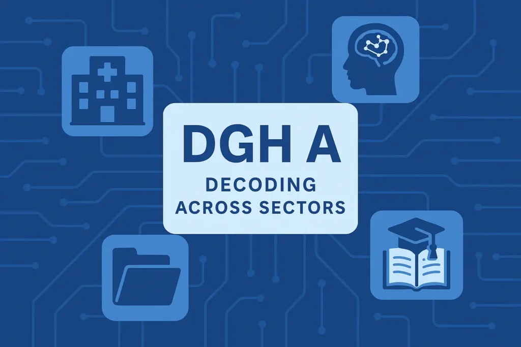 Visual representation of DGH A as a cross-sector institutional code featuring icons for healthcare, AI, education, and administration connected by digital data pathways