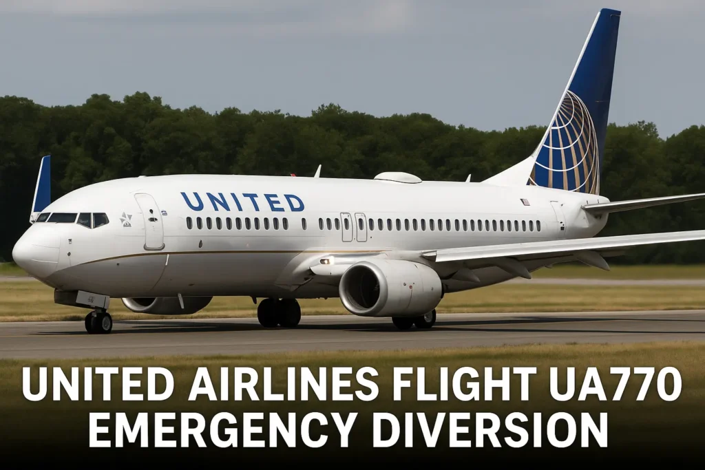 Infographic showing United Airlines Flight UA770 emergency diversion with Boeing 737-800 in flight, listing pressurization issue, oxygen mask deployment, safe landing in Kansas City, and no injuries.