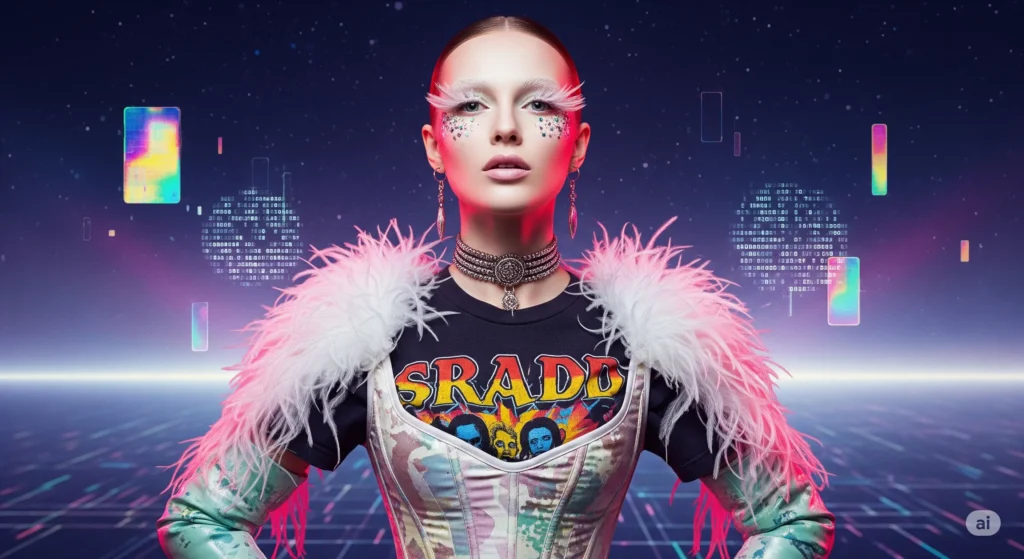 Babydollkaila in futuristic cyber-glam fashion with feathered sleeves, jeweled makeup, and holographic digital background — bold AI-inspired aesthetic highlighting her signature avant-garde style.
