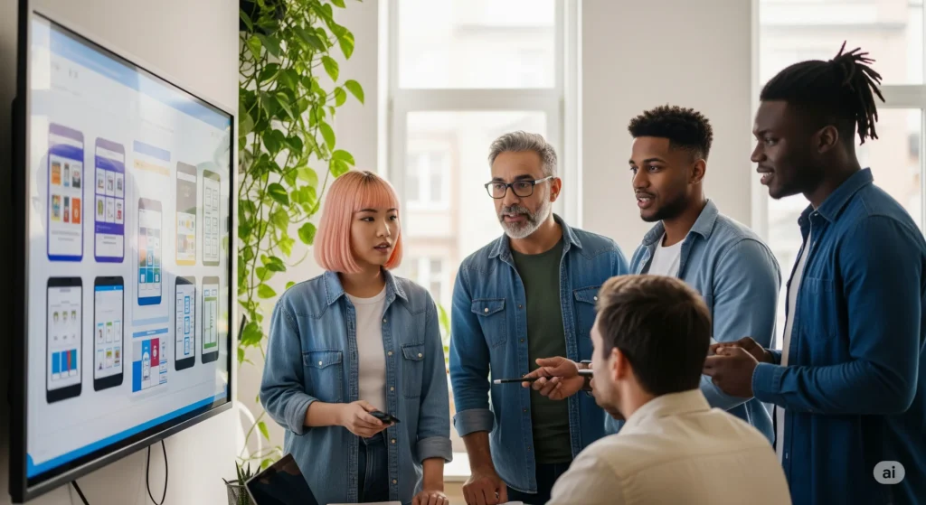 Team of mobile app developers at Garage2Global discussing UI/UX designs on a screen during a collaborative brainstorming session in a modern office environment.