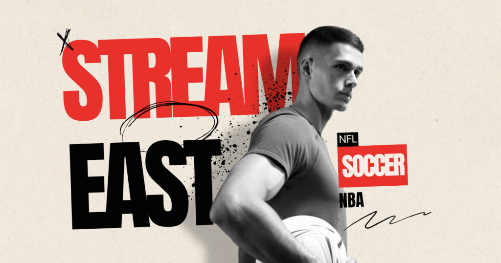 A muscular man holding a soccer ball stands confidently in grayscale against a beige background. Bold red and black text reads streameast with sports names like “NFL,” “SOCCER,” and “NBA” surrounding him.