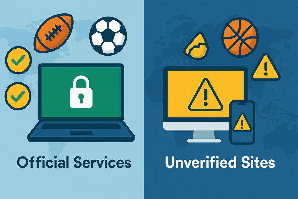 Split illustration comparing legal sports streaming and unverified sites—left shows a laptop with a padlock and checkmarks; right shows a monitor and phone with warning symbols, surrounded by football/soccer/basketball icons on a subtle world-map backdrop.